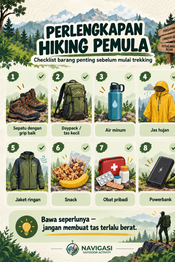Checklist perlengkapan hiking untuk pemula seperti sepatu, daypack, air minum, jas hujan, dan obat pribadi